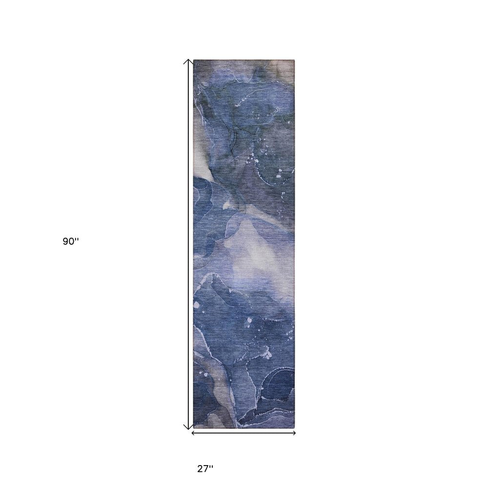 8' Runner Blue Abstract Washable Non Skid Indoor Outdoor Runner Rug
