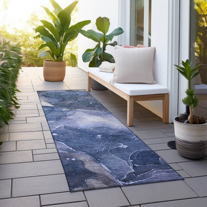 8' Runner Blue Abstract Washable Non Skid Indoor Outdoor Runner Rug