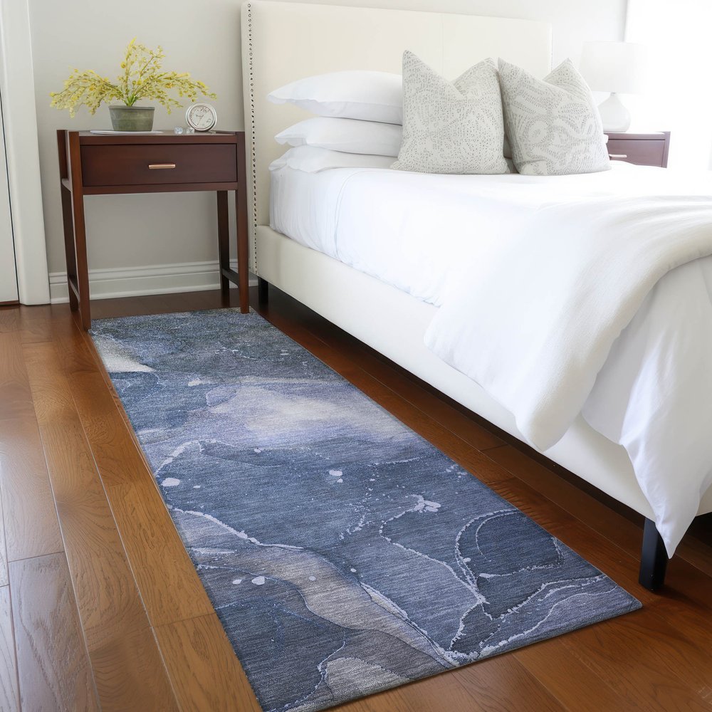8' Runner Blue Abstract Washable Non Skid Indoor Outdoor Runner Rug