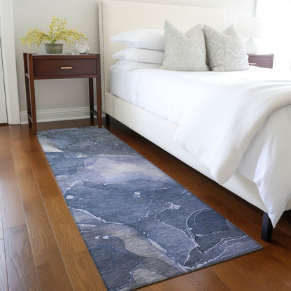8' Runner Blue Abstract Washable Non Skid Indoor Outdoor Runner Rug