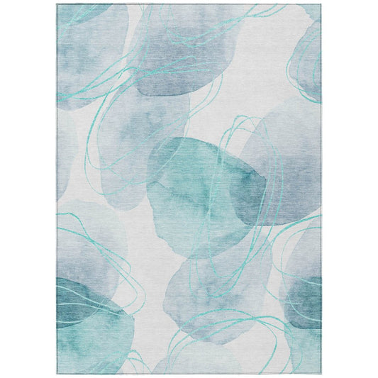 2' X 3' Teal and Ivory Abstract Washable Non Skid Indoor Outdoor Area Rug