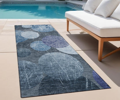 8' Gray And Blue Abstract Washable Indoor Outdoor Runner Rug