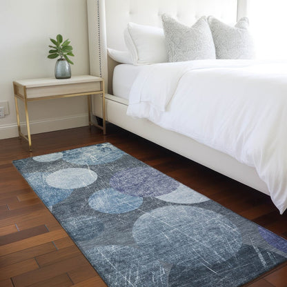 8' Gray And Blue Abstract Washable Indoor Outdoor Runner Rug