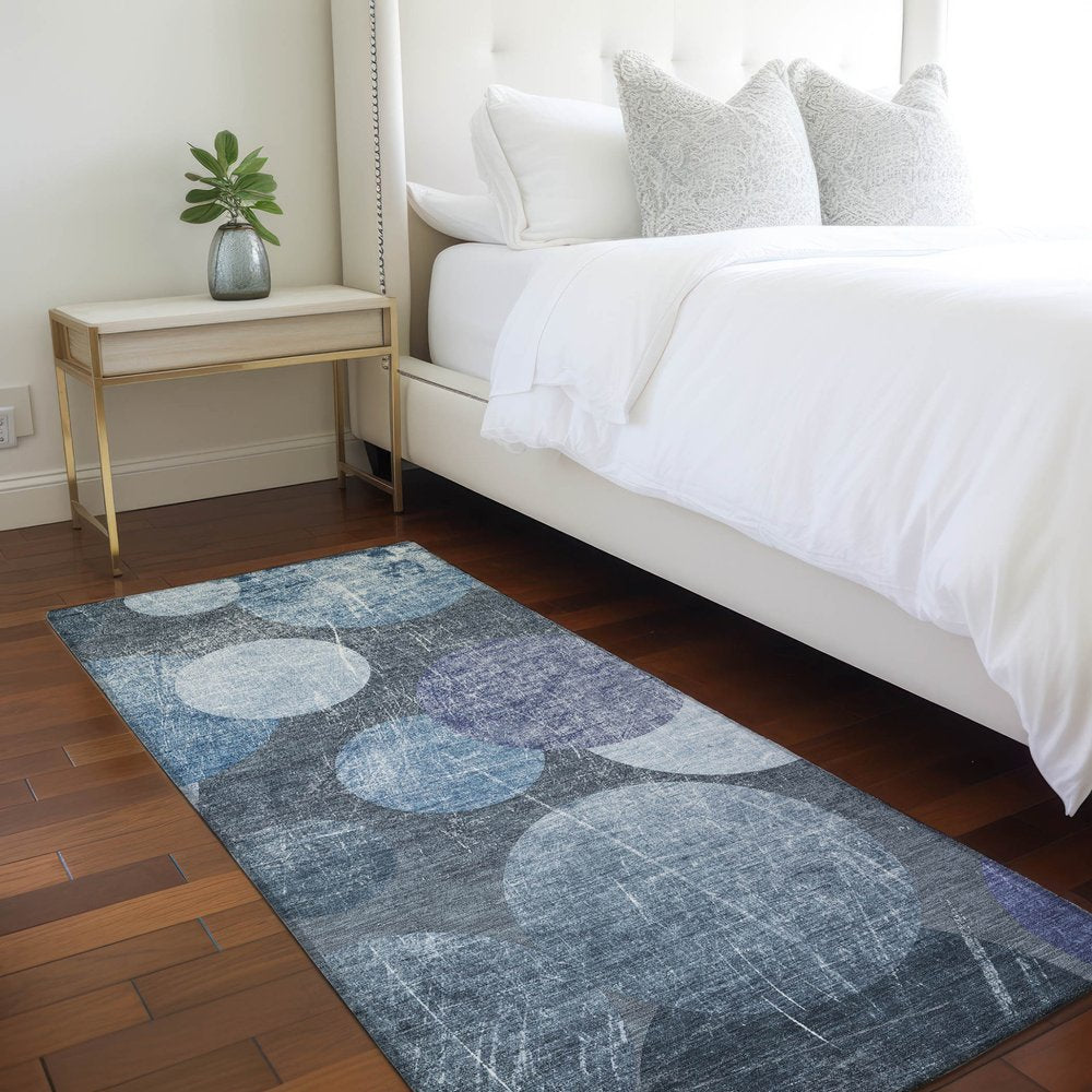 8' Gray And Blue Abstract Washable Indoor Outdoor Runner Rug