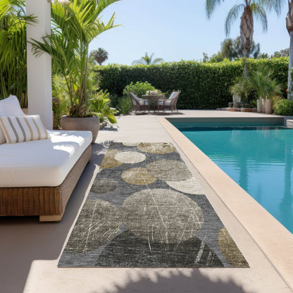 8' Gray And Blue Abstract Washable Indoor Outdoor Runner Rug