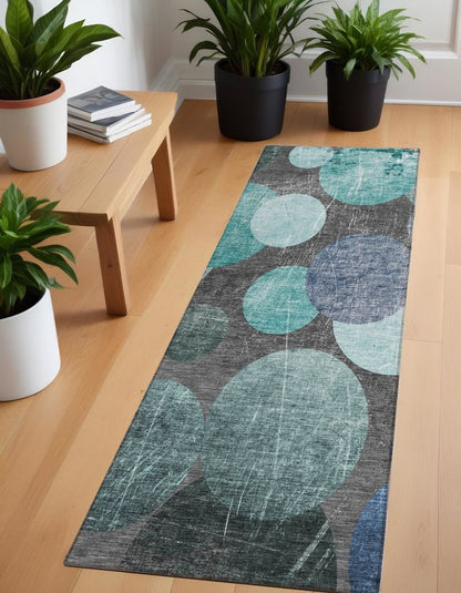 8' Gray And Blue Abstract Washable Indoor Outdoor Runner Rug