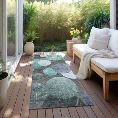 8' Gray And Blue Abstract Washable Indoor Outdoor Runner Rug