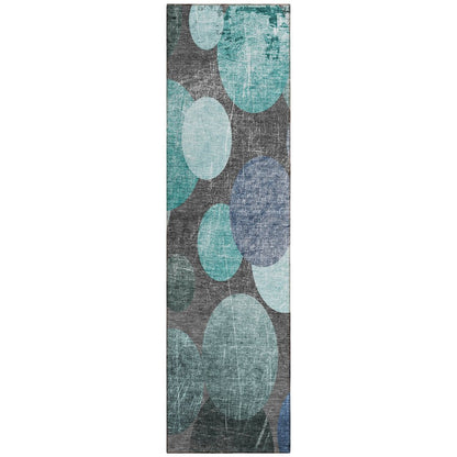8' Gray And Blue Abstract Washable Indoor Outdoor Runner Rug