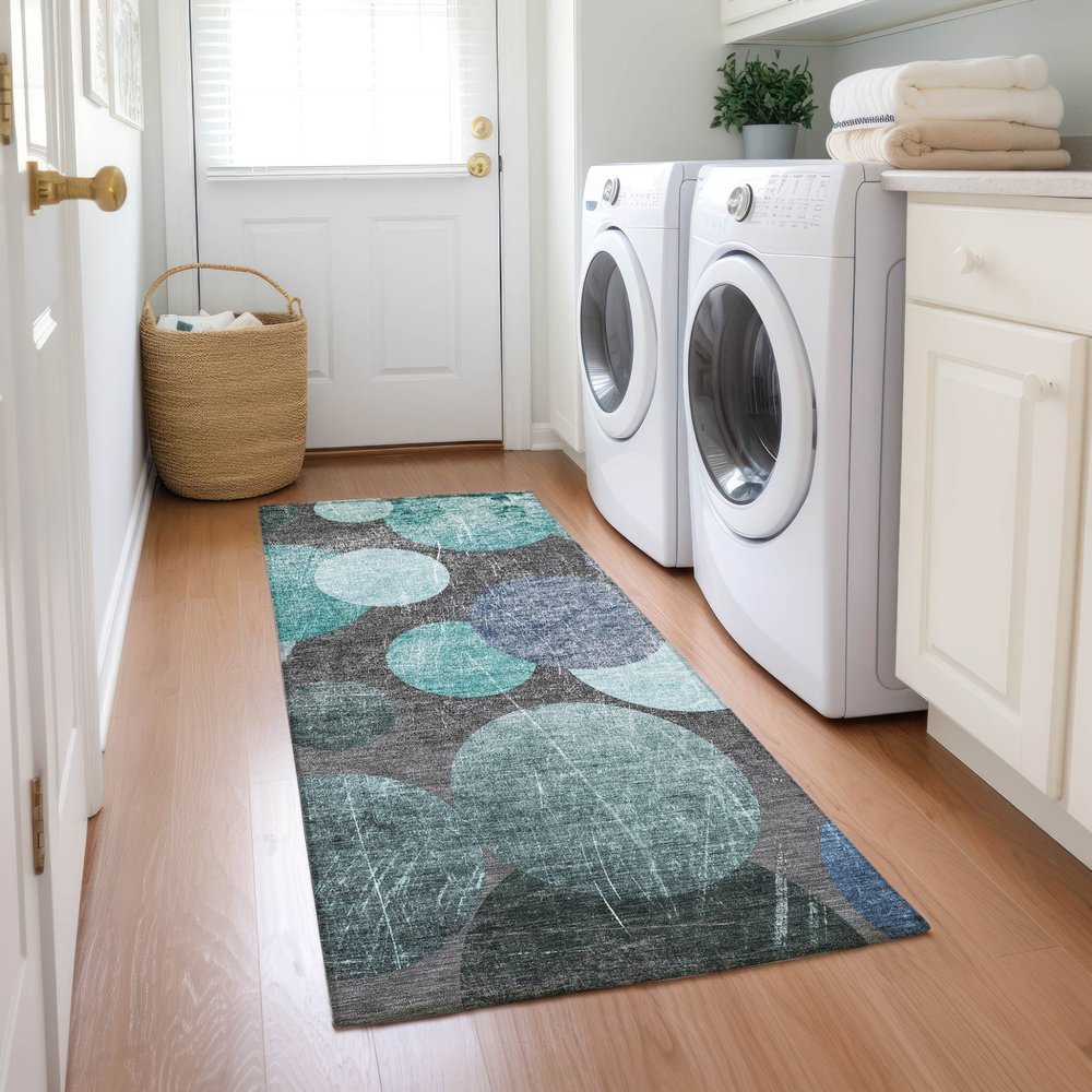 8' Gray And Blue Abstract Washable Indoor Outdoor Runner Rug