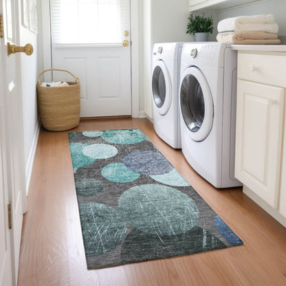 8' Gray And Blue Abstract Washable Indoor Outdoor Runner Rug