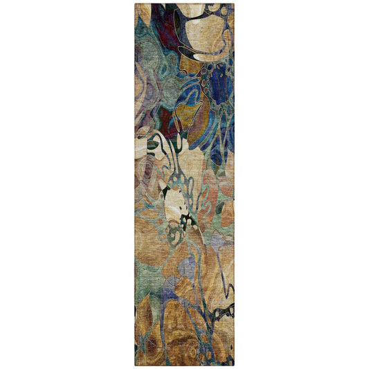 2' X 8' Beige and Blue Abstract Washable Indoor Outdoor Runner Rug