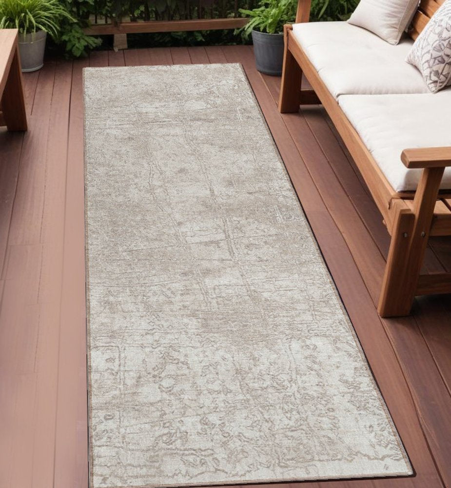 8' Runner Tan Abstract Washable Non Skid Indoor Outdoor Runner Rug