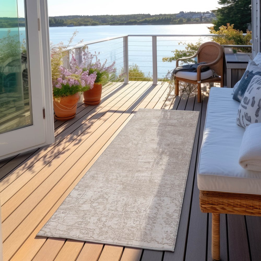 8' Runner Tan Abstract Washable Non Skid Indoor Outdoor Runner Rug