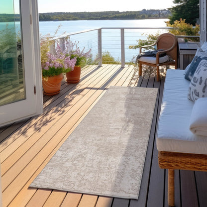 8' Runner Tan Abstract Washable Non Skid Indoor Outdoor Runner Rug