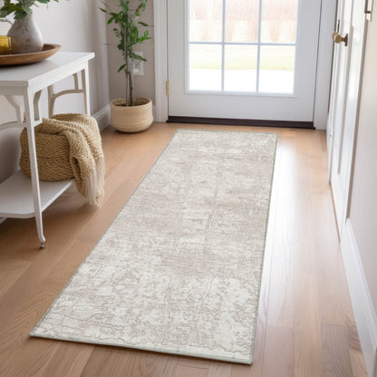 8' Runner Tan Abstract Washable Non Skid Indoor Outdoor Runner Rug