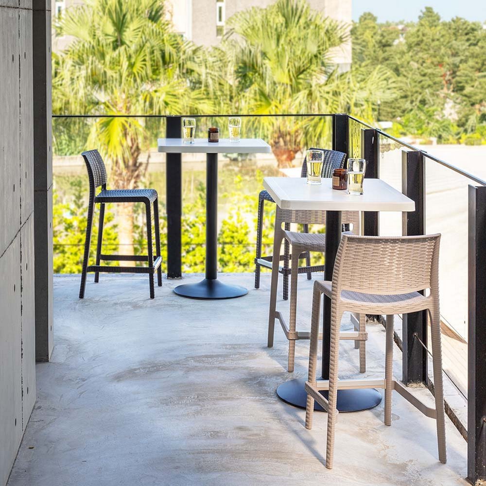 Set of Two 26" Taupe Faux Rattan Low Back Outdoor Counter Height Bar Chairs