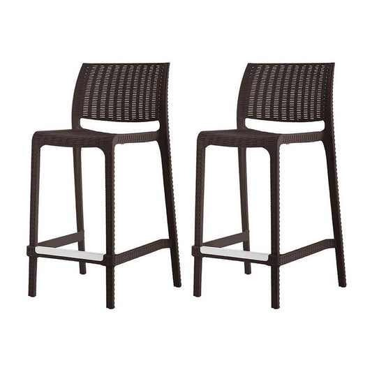 Set of Two 26" Brown Faux Rattan Low Back Outdoor Counter Height Bar Chairs