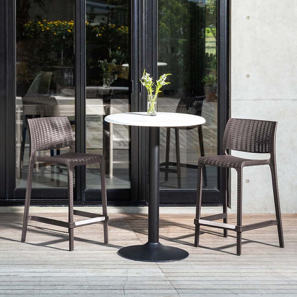 Set of Two 26" Brown Faux Rattan Low Back Outdoor Counter Height Bar Chairs