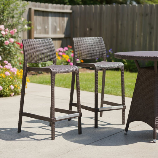 Set of Two 26" Brown Faux Rattan Low Back Outdoor Counter Height Bar Chairs