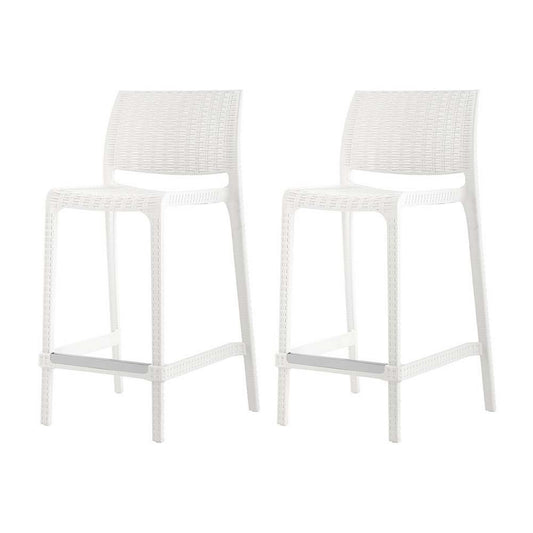 Set of Two 26" White Faux Rattan Low Back Outdoor Counter Height Bar Chairs