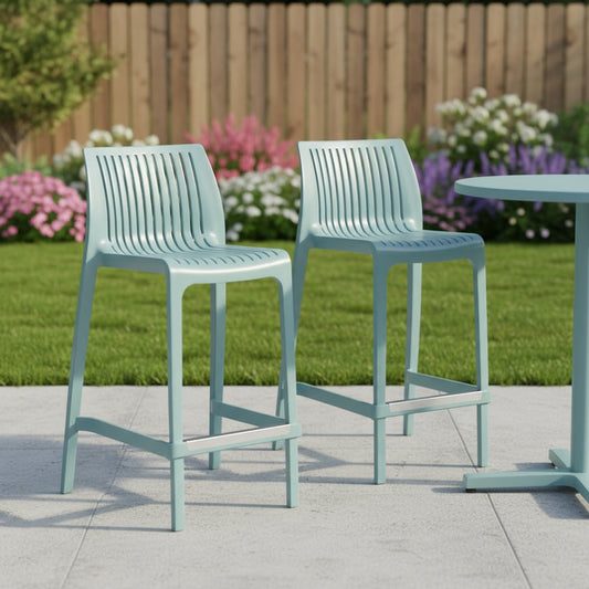 Set of Two 26" Baby Blue Heavy Duty Plastic Low Back Outdoor Counter Height Bar Chairs