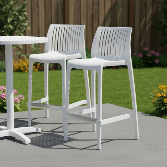 Set of Two 26" White Heavy Duty Plastic Low Back Outdoor Counter Height Bar Chairs