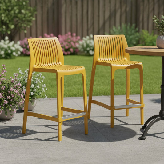 Set of Two 26" Yellow Heavy Duty Plastic Low Back Outdoor Counter Height Bar Chairs