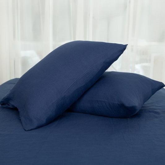 Set of Two Navy Blue Linen Standard Pillowcases