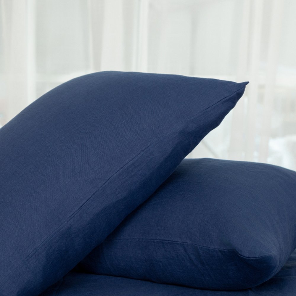 Set of Two Navy Blue Linen Standard Pillowcases