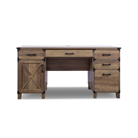 59" Natural Wood Executive Desk With Five Drawers