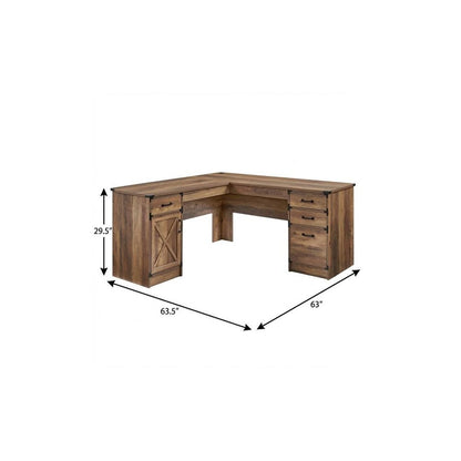 64" Oak Wood L Shape Executive Desk With Four Drawers