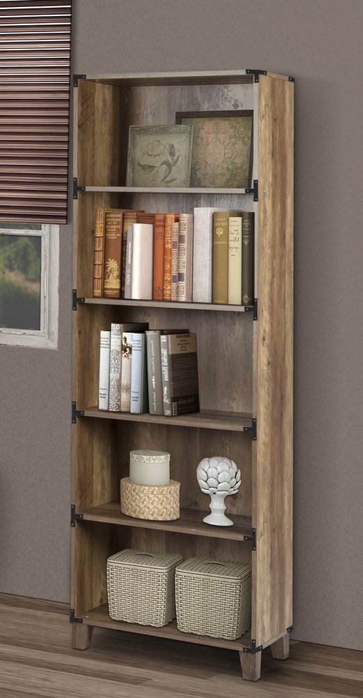 71" Oak Distressed Wood Five Tier Etagere Bookcase