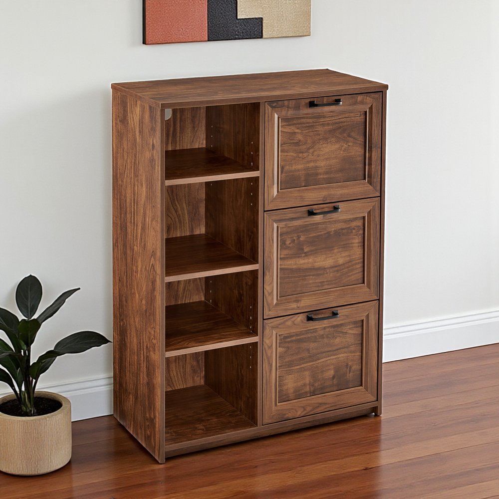 43" Walnut Distressed Wood Three Drawers Filing Cabinet