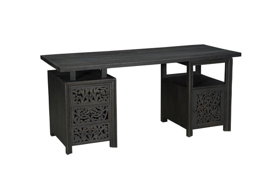 68" Black Carved Floral Scroll Solid Wood Computer Desk With Three Drawers