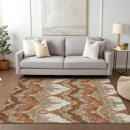 3' X 5' Orange Beige And Copper Ikat Washable Indoor Outdoor Area Rug
