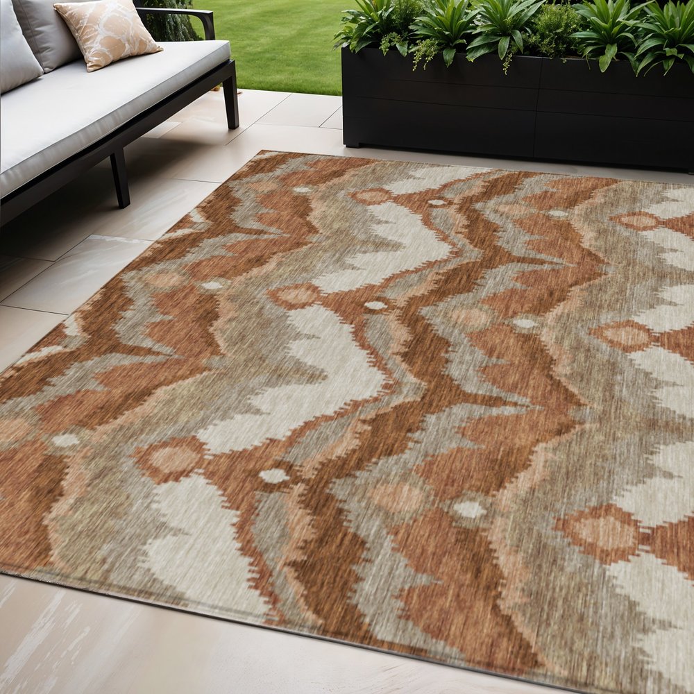 3' X 5' Orange Beige And Copper Ikat Washable Indoor Outdoor Area Rug