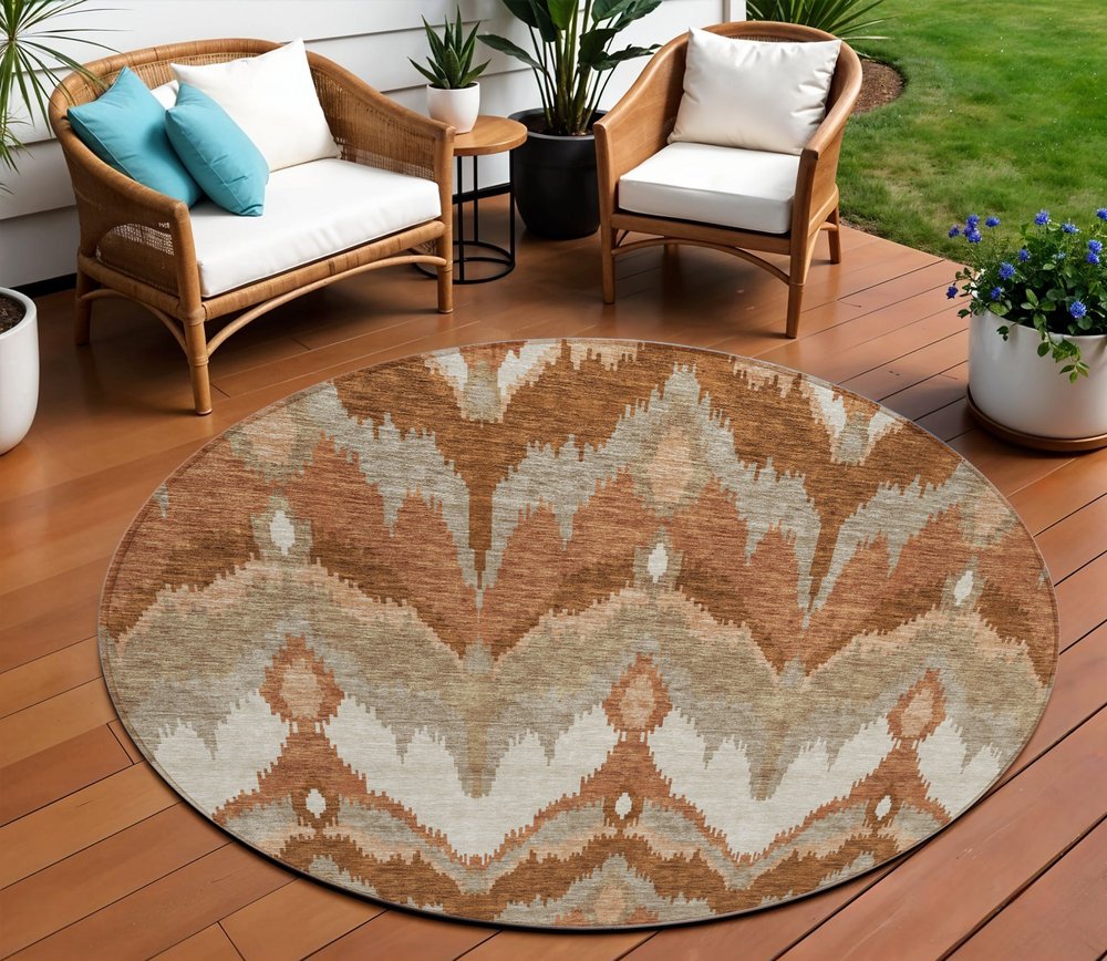 3' X 5' Orange Beige And Copper Ikat Washable Indoor Outdoor Area Rug