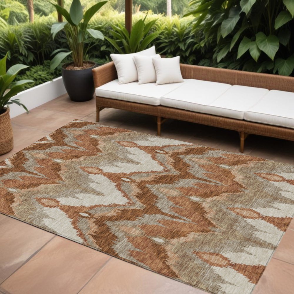 3' X 5' Orange Beige And Copper Ikat Washable Indoor Outdoor Area Rug