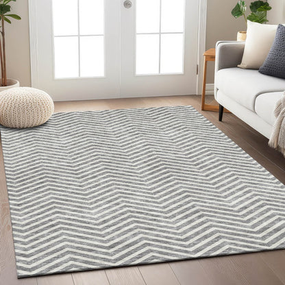 3' X 5' Gray And Ivory Chevron Washable Indoor Outdoor Area Rug