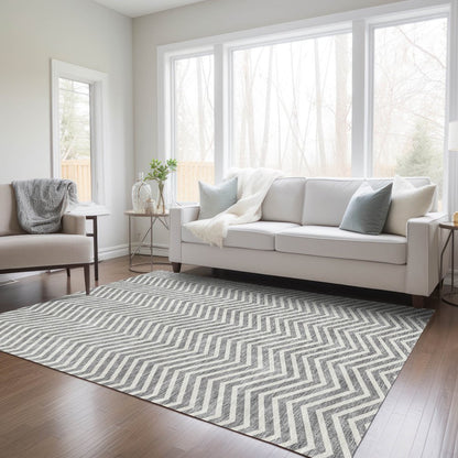 3' X 5' Gray And Ivory Chevron Washable Indoor Outdoor Area Rug