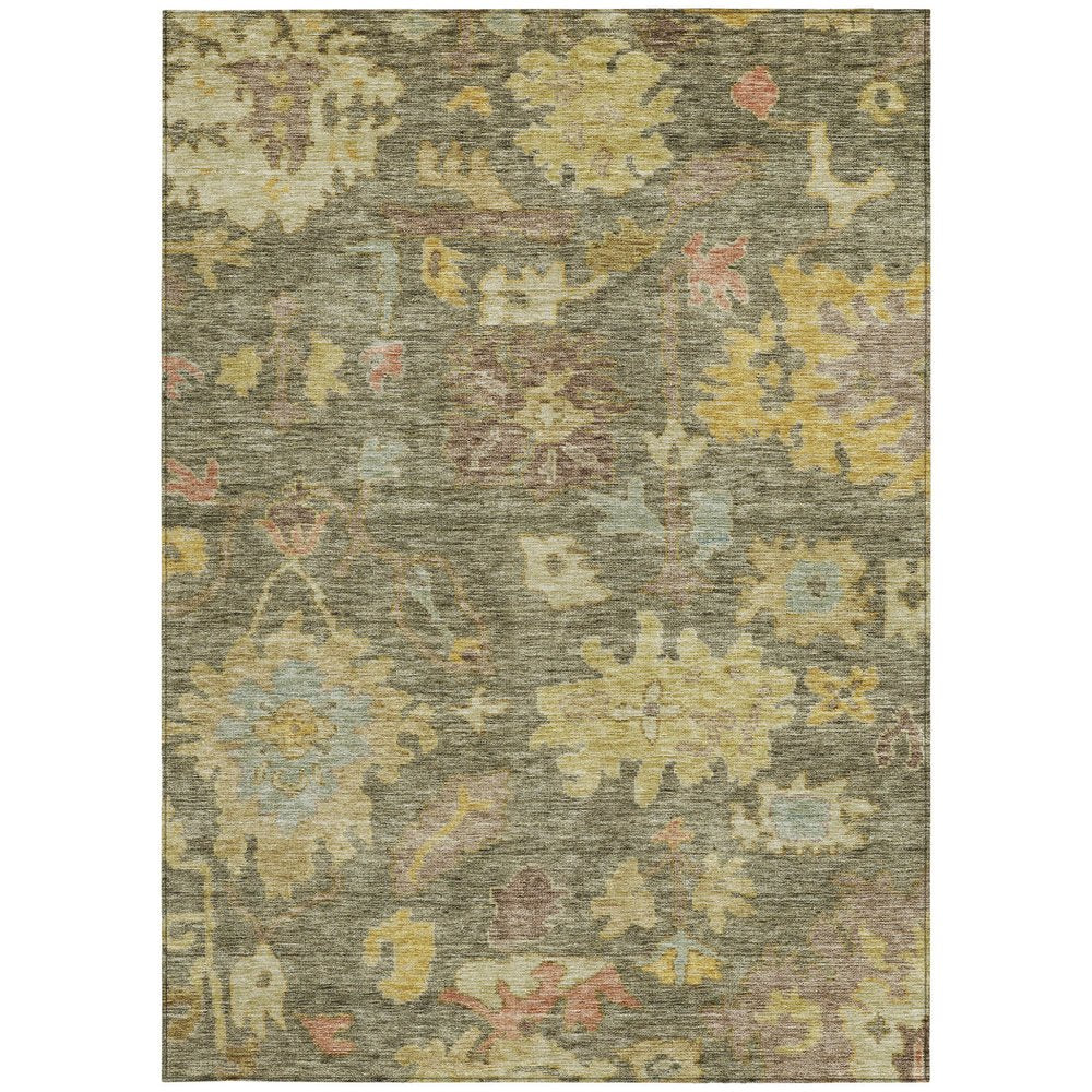 3' X 5' Artichoke Green Coral And Brown Floral Washable Indoor Outdoor Area Rug
