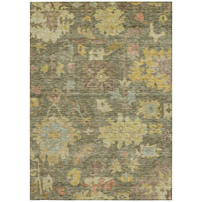 3' X 5' Artichoke Green Coral And Brown Floral Washable Indoor Outdoor Area Rug