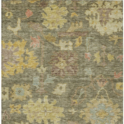 3' X 5' Artichoke Green Coral And Brown Floral Washable Indoor Outdoor Area Rug