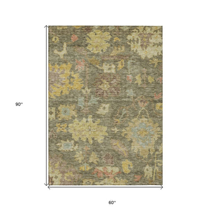 3' X 5' Artichoke Green Coral And Brown Floral Washable Indoor Outdoor Area Rug