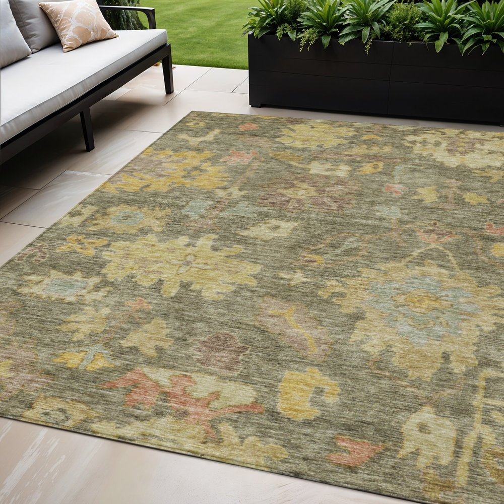 3' X 5' Artichoke Green Coral And Brown Floral Washable Indoor Outdoor Area Rug