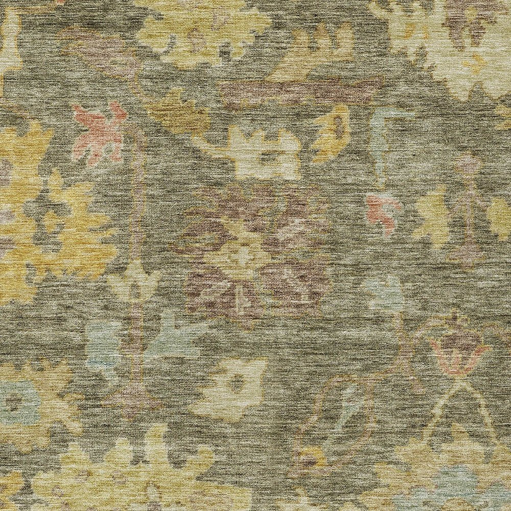 3' X 5' Artichoke Green Coral And Brown Floral Washable Indoor Outdoor Area Rug