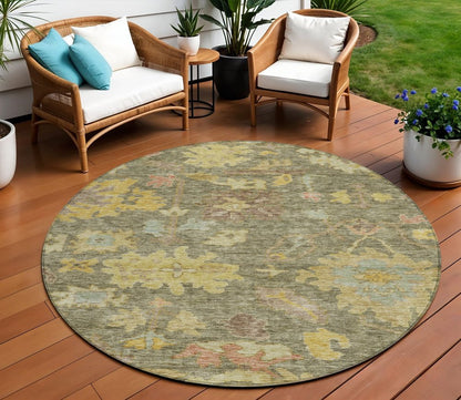 3' X 5' Artichoke Green Coral And Brown Floral Washable Indoor Outdoor Area Rug