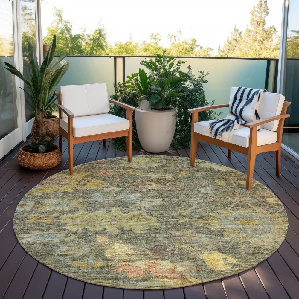 3' X 5' Artichoke Green Coral And Brown Floral Washable Indoor Outdoor Area Rug