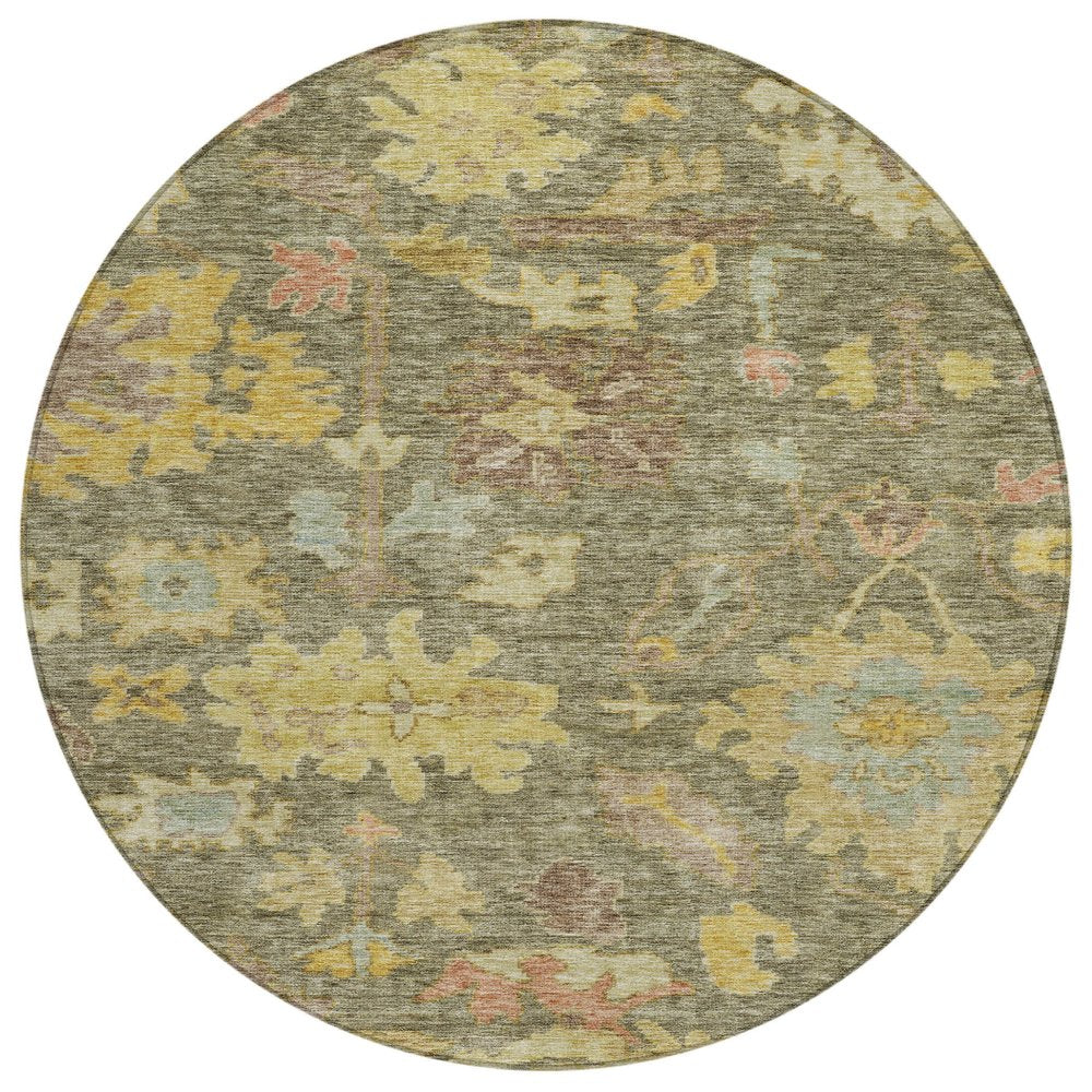 3' X 5' Artichoke Green Coral And Brown Floral Washable Indoor Outdoor Area Rug