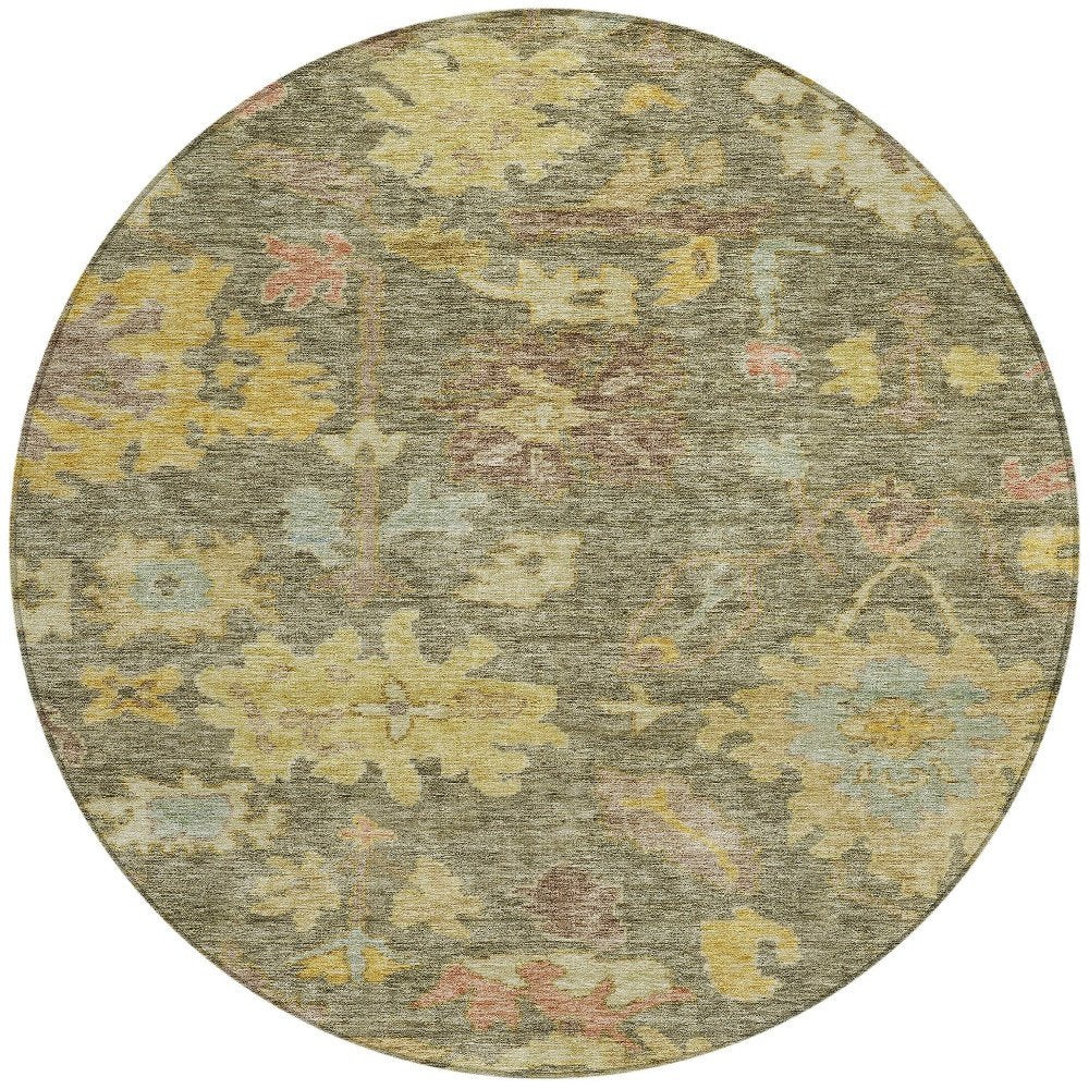 3' X 5' Artichoke Green Coral And Brown Floral Washable Indoor Outdoor Area Rug